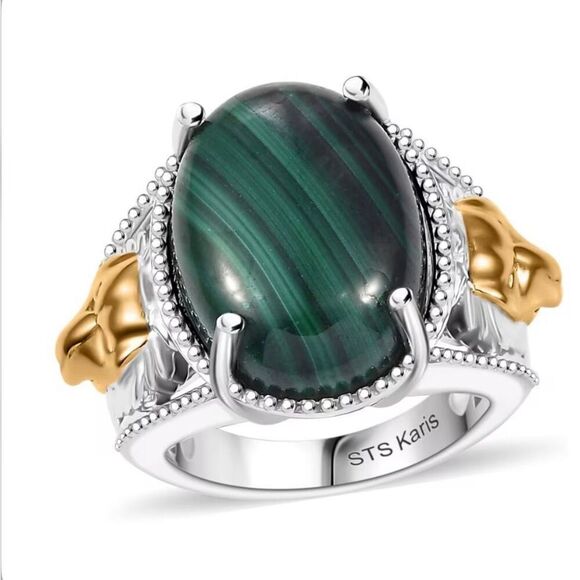 Malachite 16.5 ctw Lion Motif Statement Ring Bold Southwestern Style 18K YG Sz 5 - Picture 1 of 5